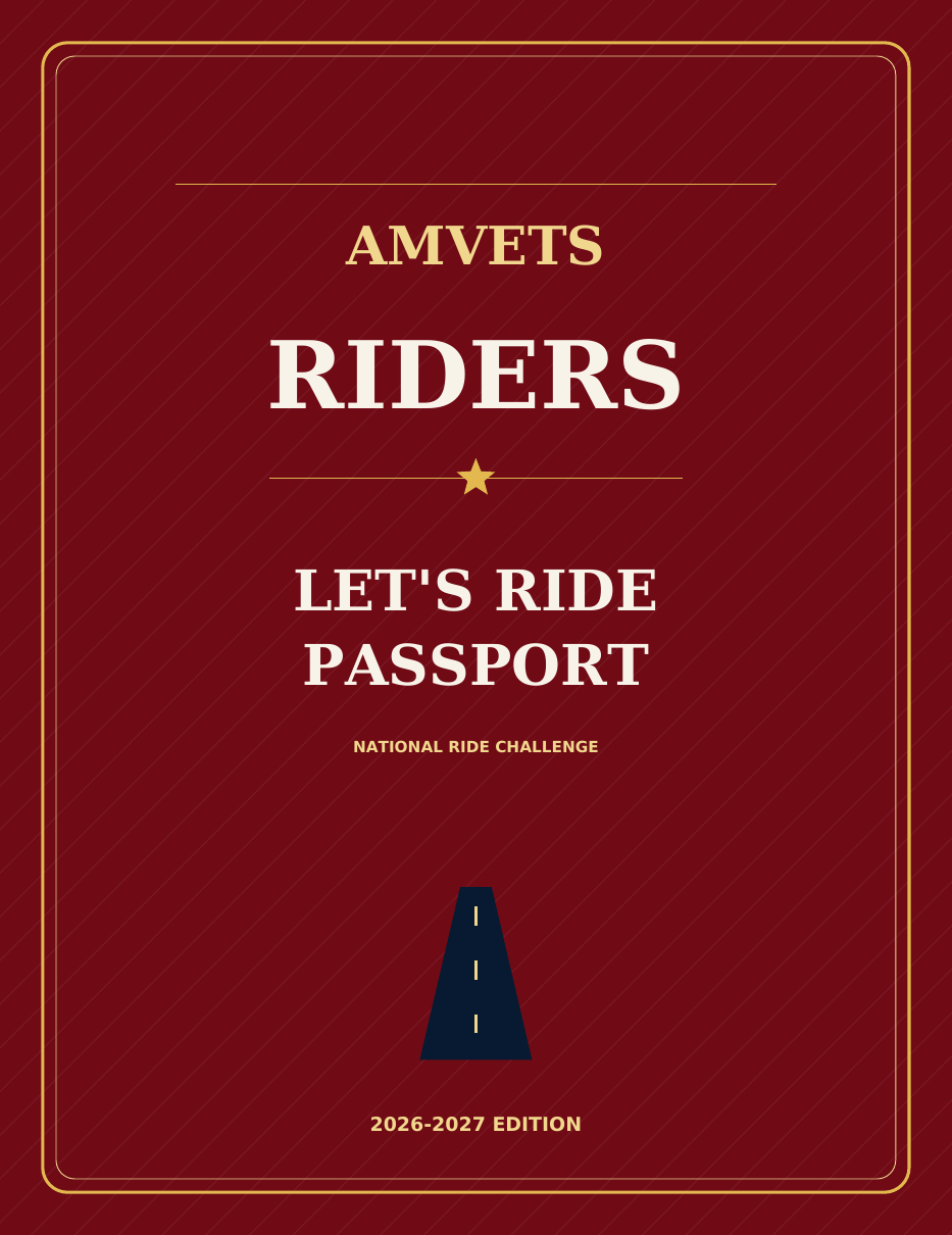 Official red AMVETS Riders Let's Ride Passport cover for the 2026–2027 National Ride Challenge